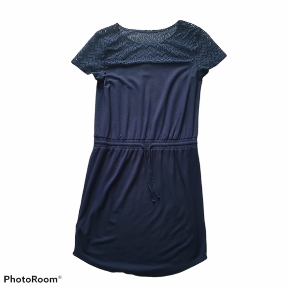 Ann Taylor Lace yoke dress short sleeve elastic waist navy blue size Sma… - Picture 1 of 5